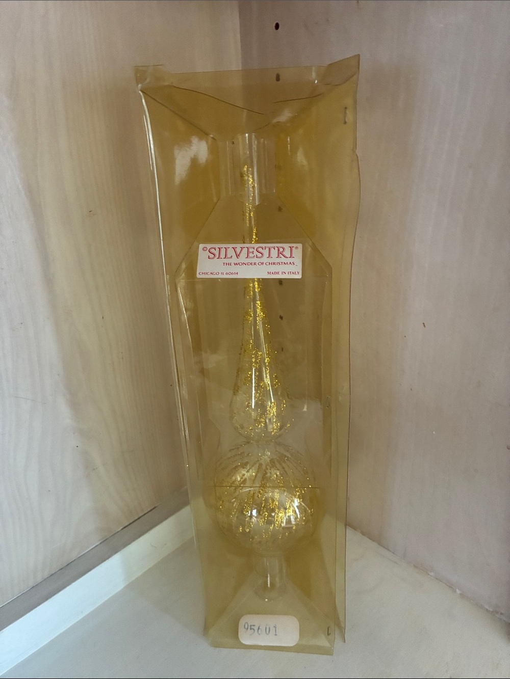 Vintage Silvestri Glass Tree Topper Gold Glitter Finial Italy NIB 95601